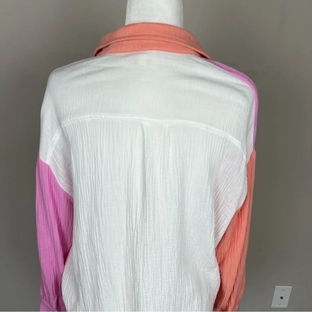 ENTRO COLOR BLOCK BUTTON UP COLLARED COTTON GAUZY TOP SIZE SMALL - Picture 13 of 15